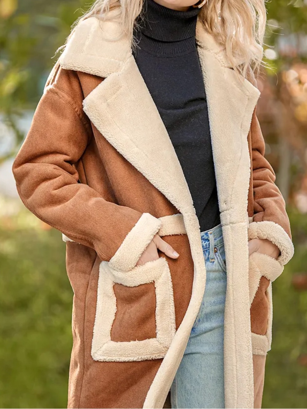 Blank NYC Feels Real Faux Shearling Suede Coat in Camel & Cream
